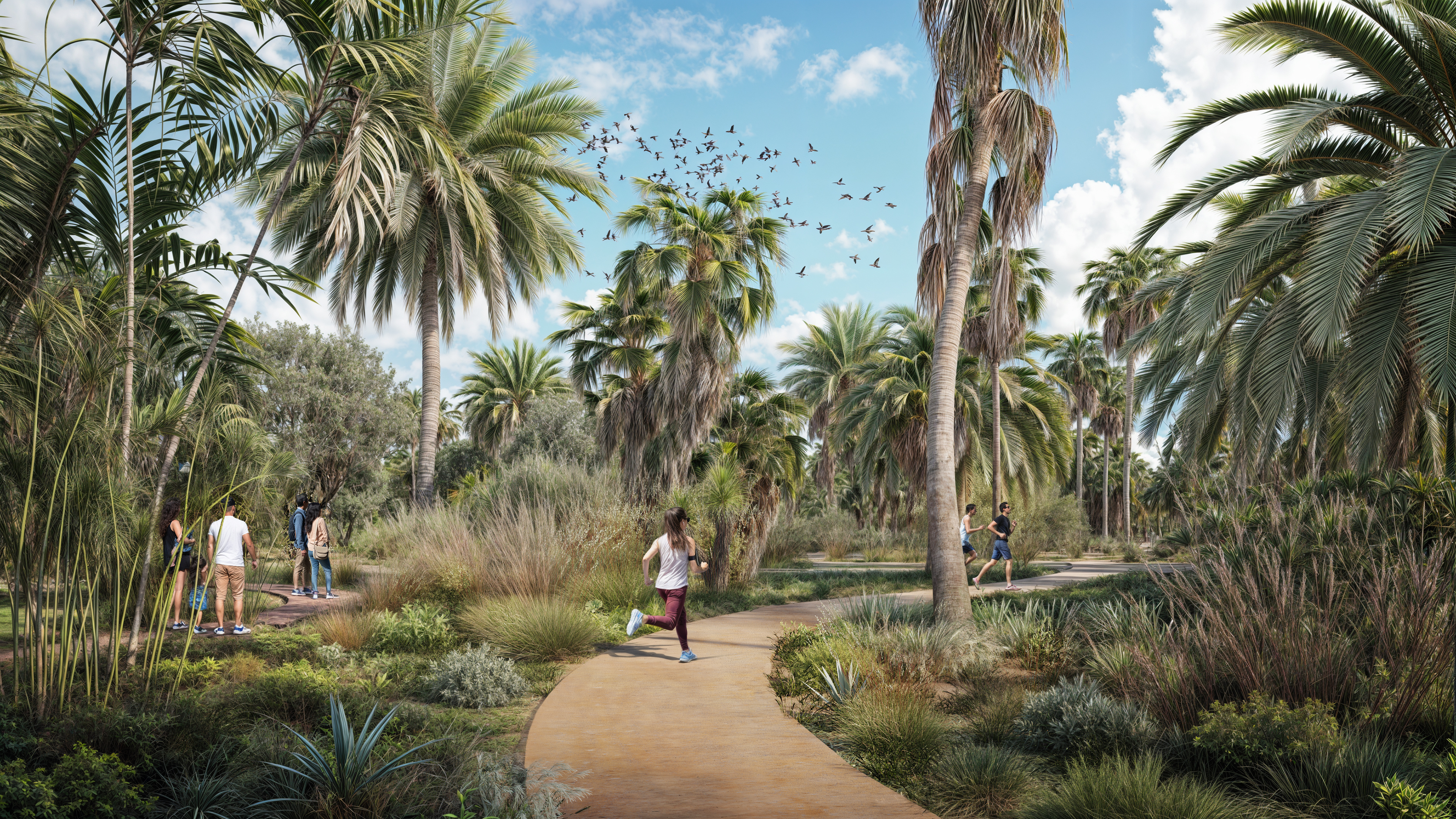 Rendering of people jogging and walking along restored trails through the palm oasis at the Añuiti Estuary